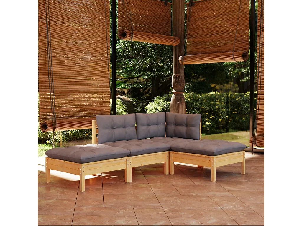 Salon de jardin 4 pcs avec coussins gris Bois de pin massif