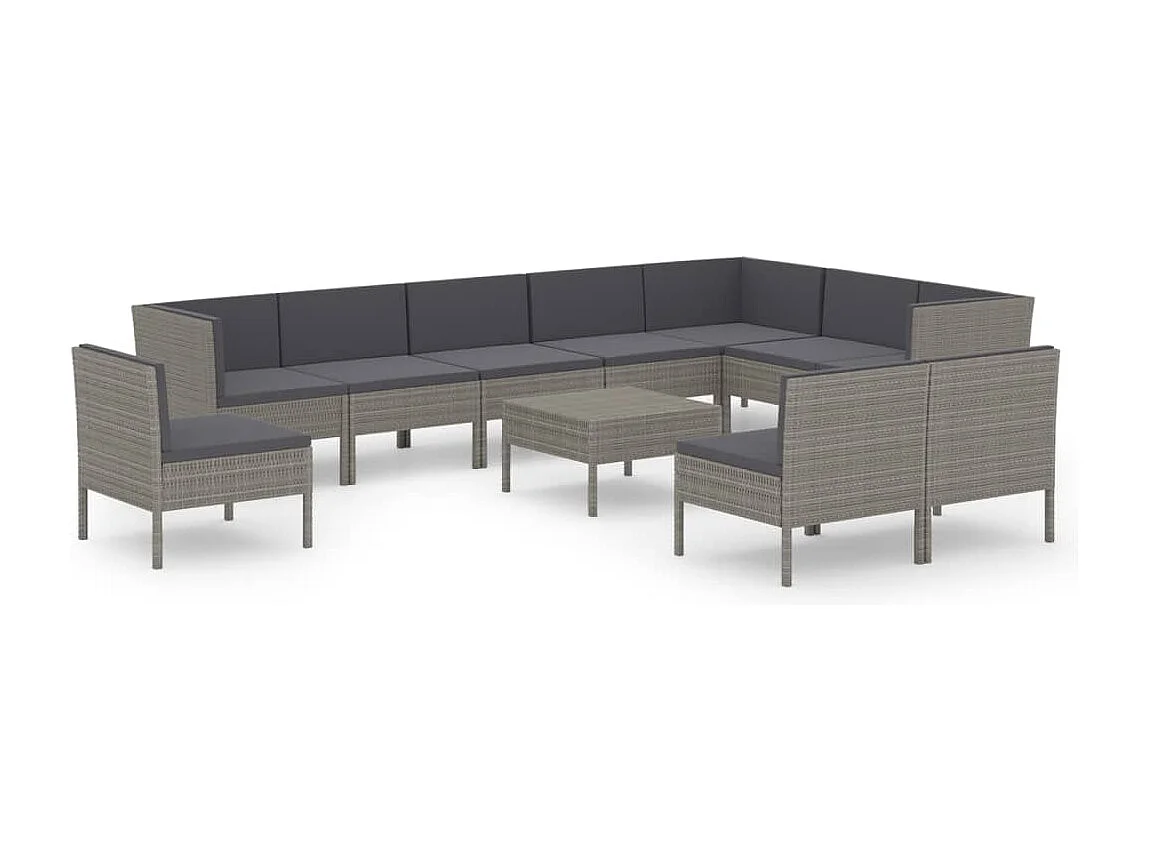 Salon de jardin 11 pcs avec coussins Résine tressée Gris 18