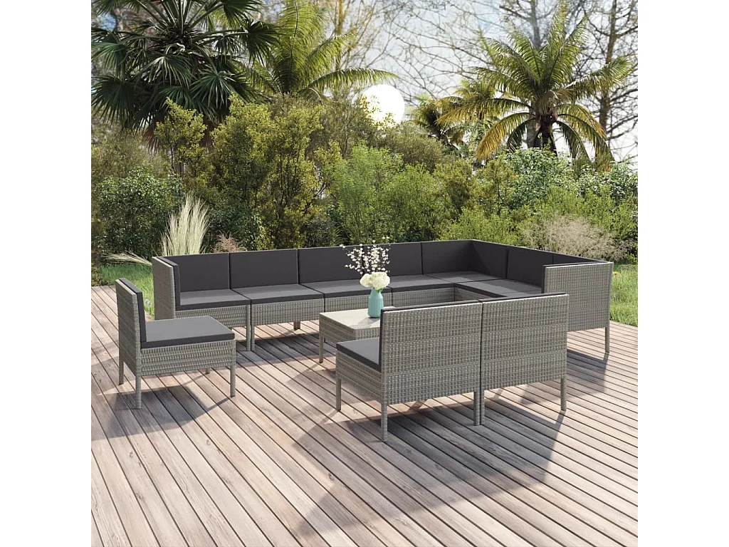 Salon de jardin 11 pcs avec coussins Résine tressée Gris 18