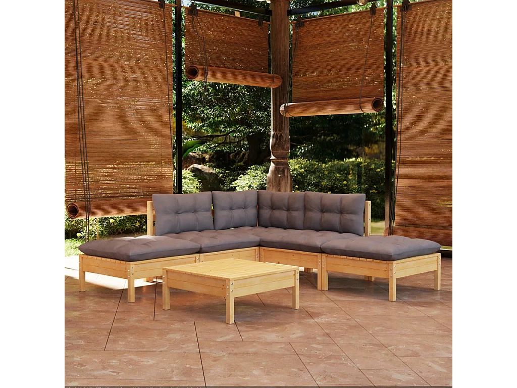Salon de jardin 6 pcs avec coussins gris Bois de pin 7