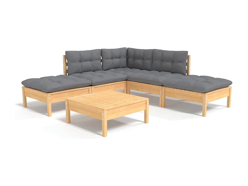 Salon de jardin 6 pcs avec coussins gris Bois de pin 7