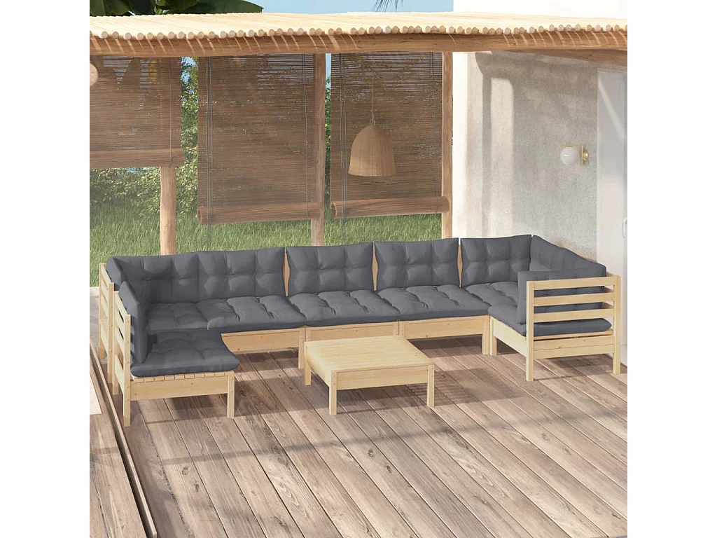 Salon de jardin 8 pcs avec coussins gris Bois de pin 3