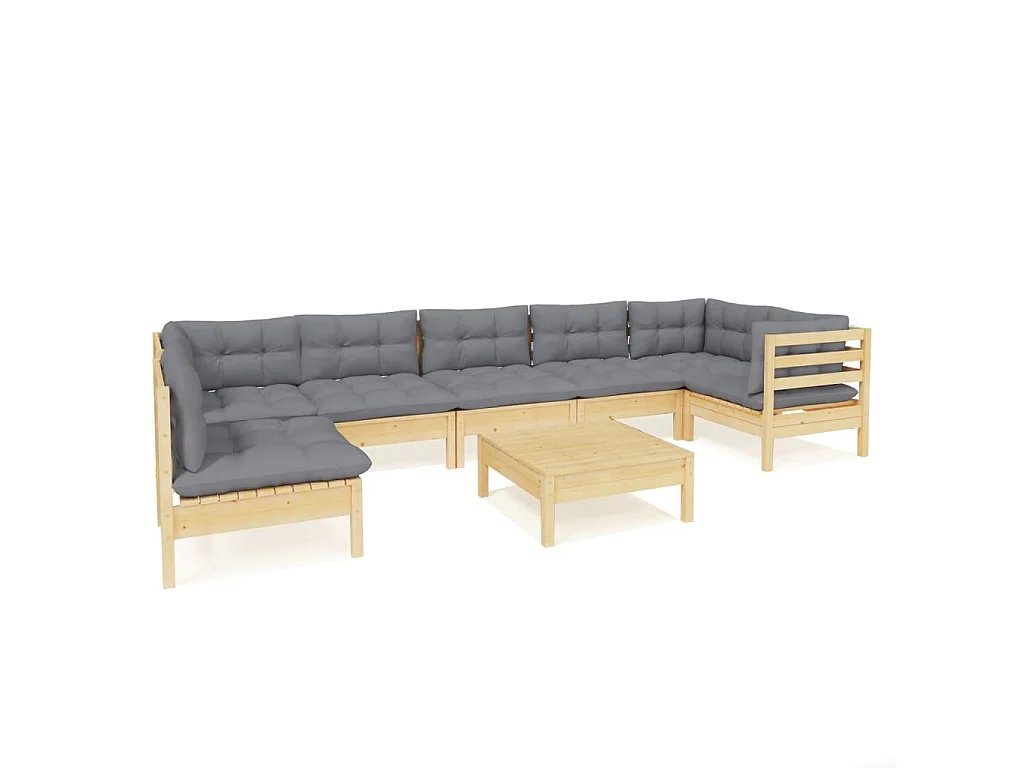 Salon de jardin 8 pcs avec coussins gris Bois de pin 3