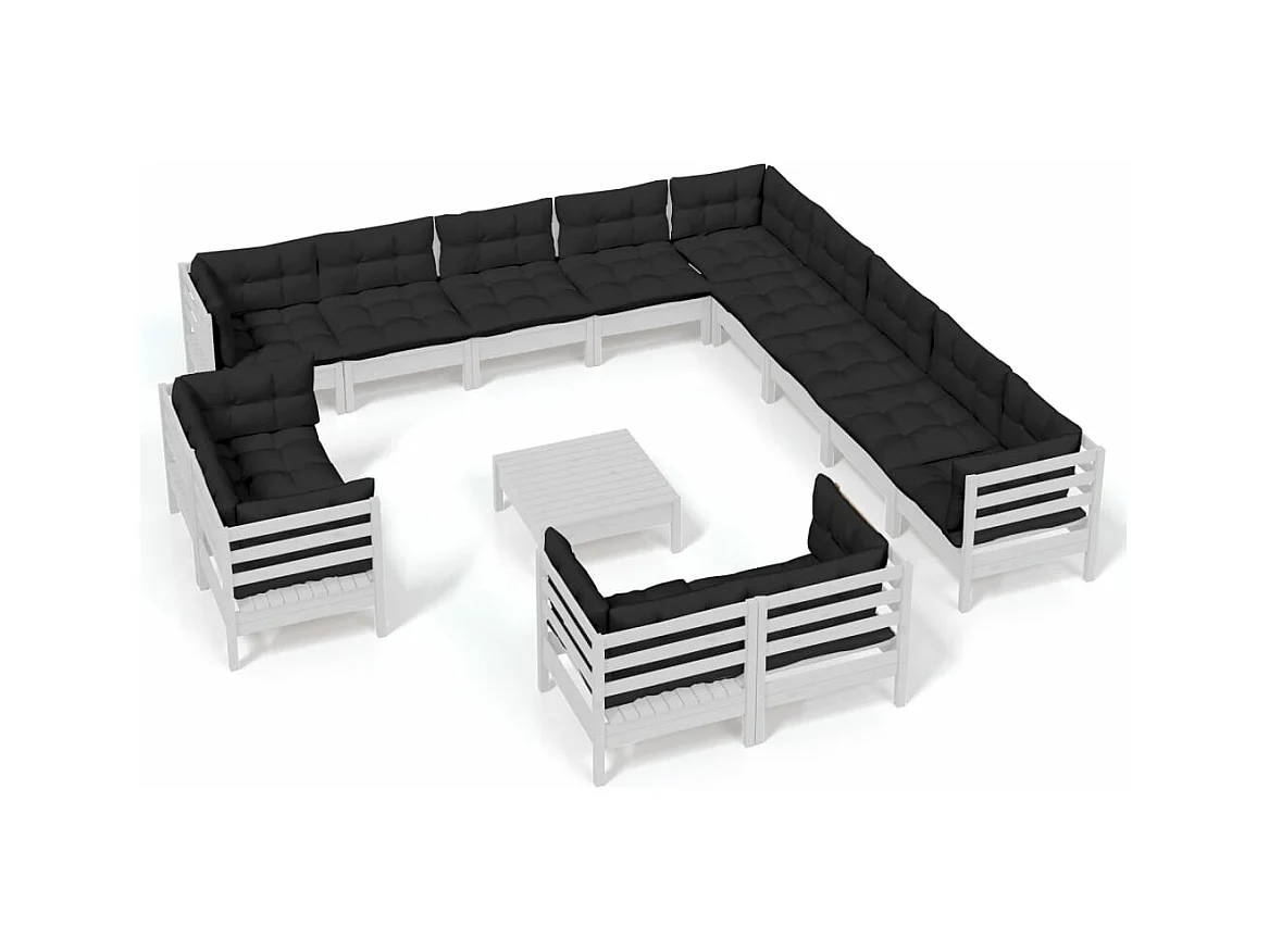 Salon de jardin 14 pcs avec coussins Blanc Bois de pin solide