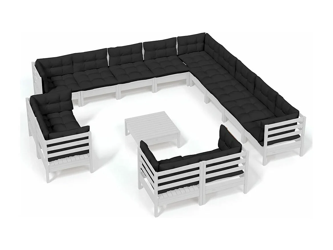 Salon de jardin 14 pcs avec coussins Blanc Bois de pin solide