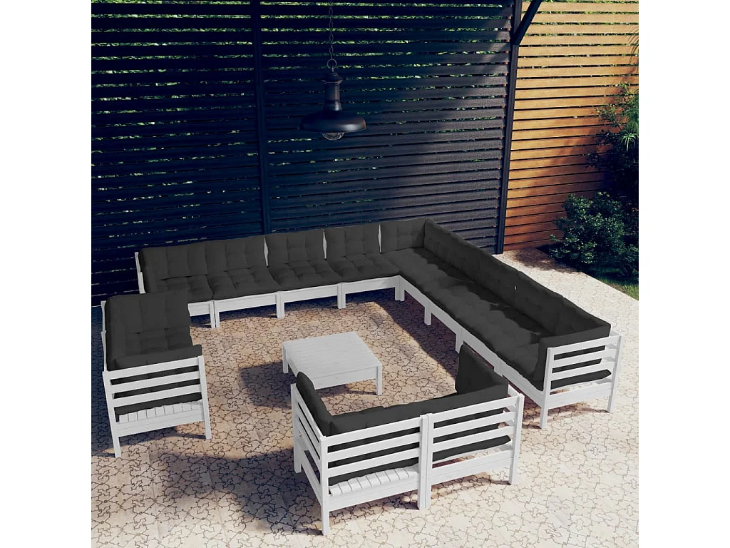 Salon de jardin 14 pcs avec coussins Blanc Bois de pin solide