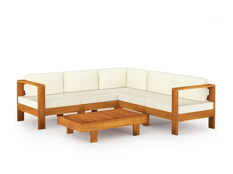Salon de jardin 6 pcs avec coussins blanc crème Bois d'acacia 2