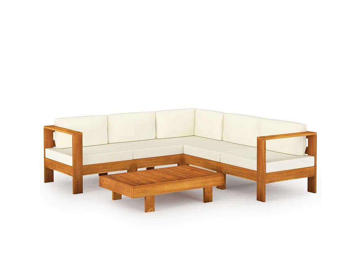 Salon de jardin 6 pcs avec coussins blanc crème Bois d'acacia 2
