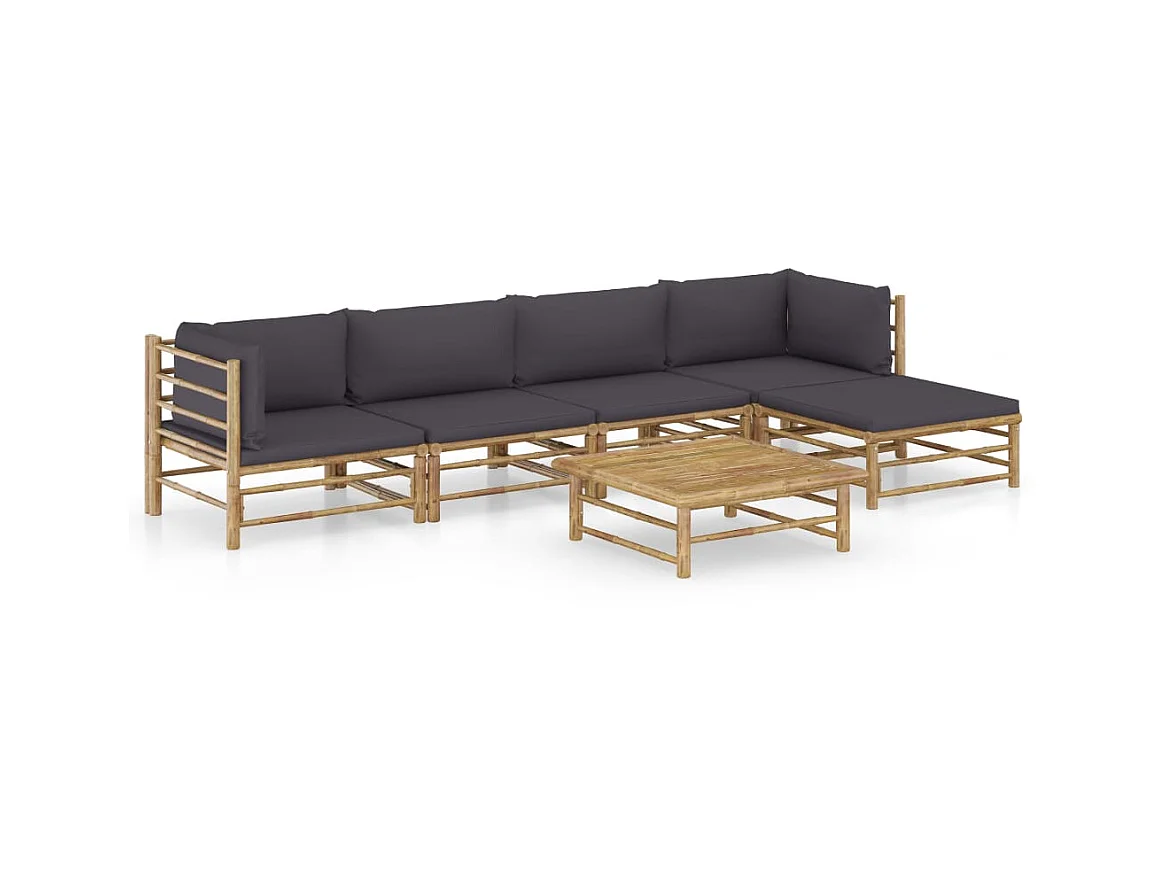 Salon de jardin 6 pcs avec coussins gris foncé Bambou