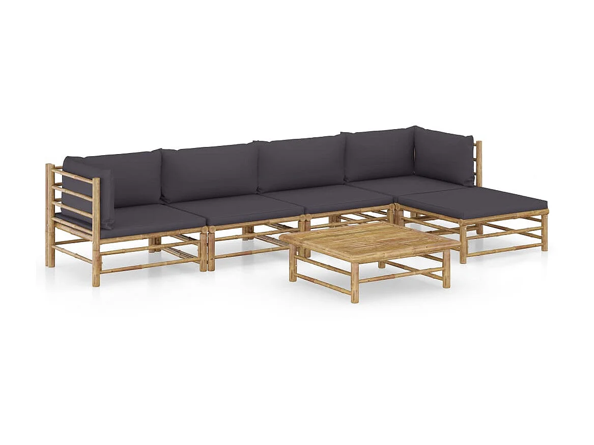 Salon de jardin 6 pcs avec coussins gris foncé Bambou