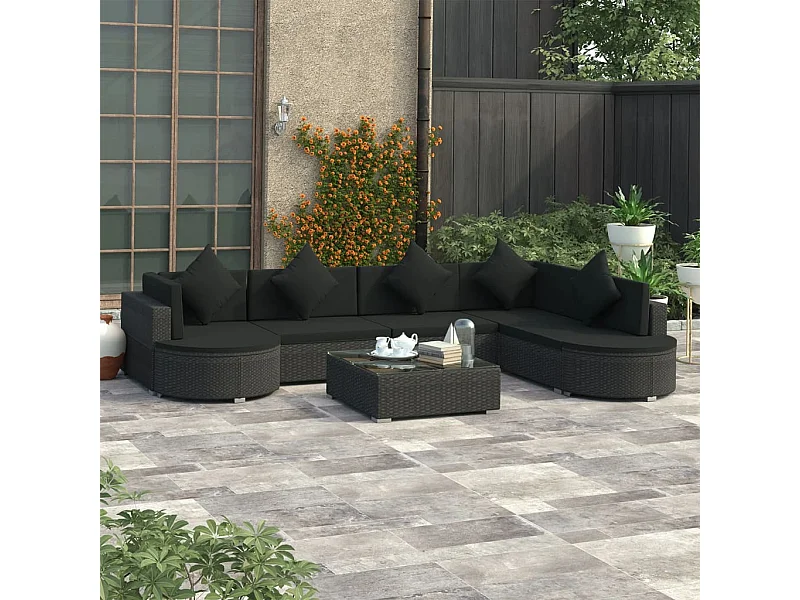 Salon de jardin 8 pcs avec coussins Résine tressée Noir 44