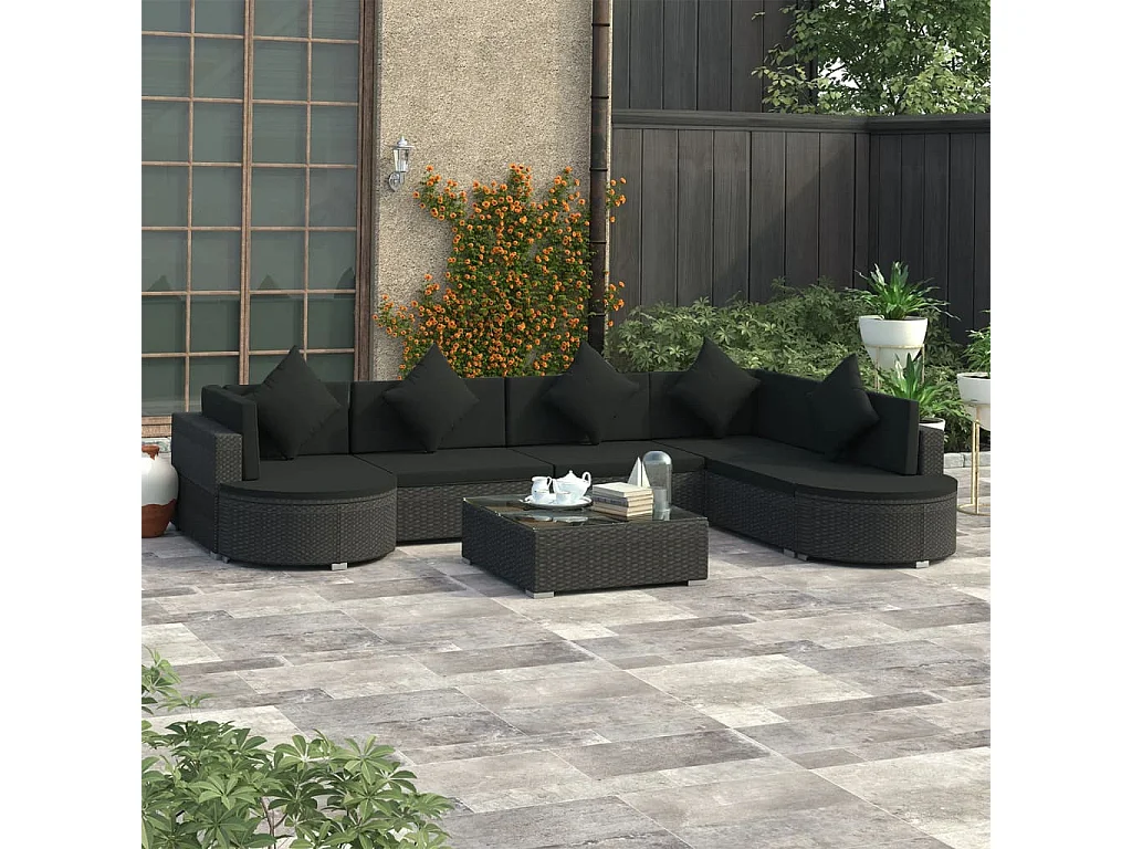 Salon de jardin 8 pcs avec coussins Résine tressée Noir 44