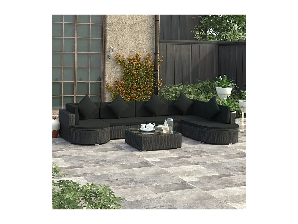 Salon de jardin 8 pcs avec coussins Résine tressée Noir 44