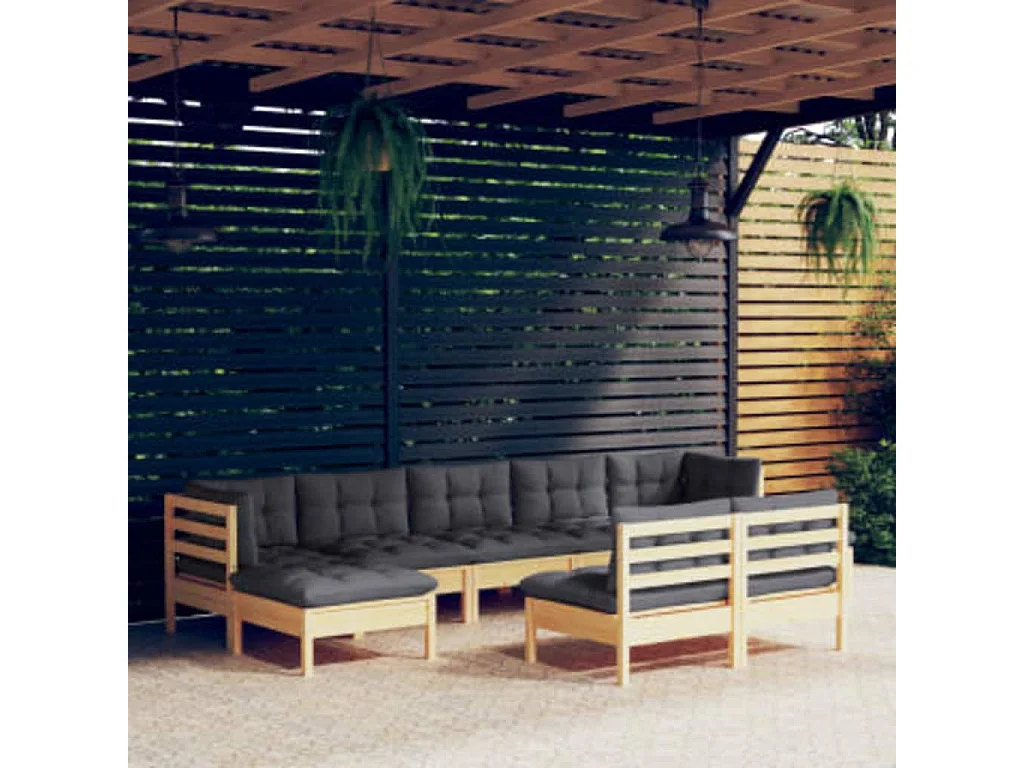 Juego de muebles de jardín 9 pzas y cojines madera pino gris