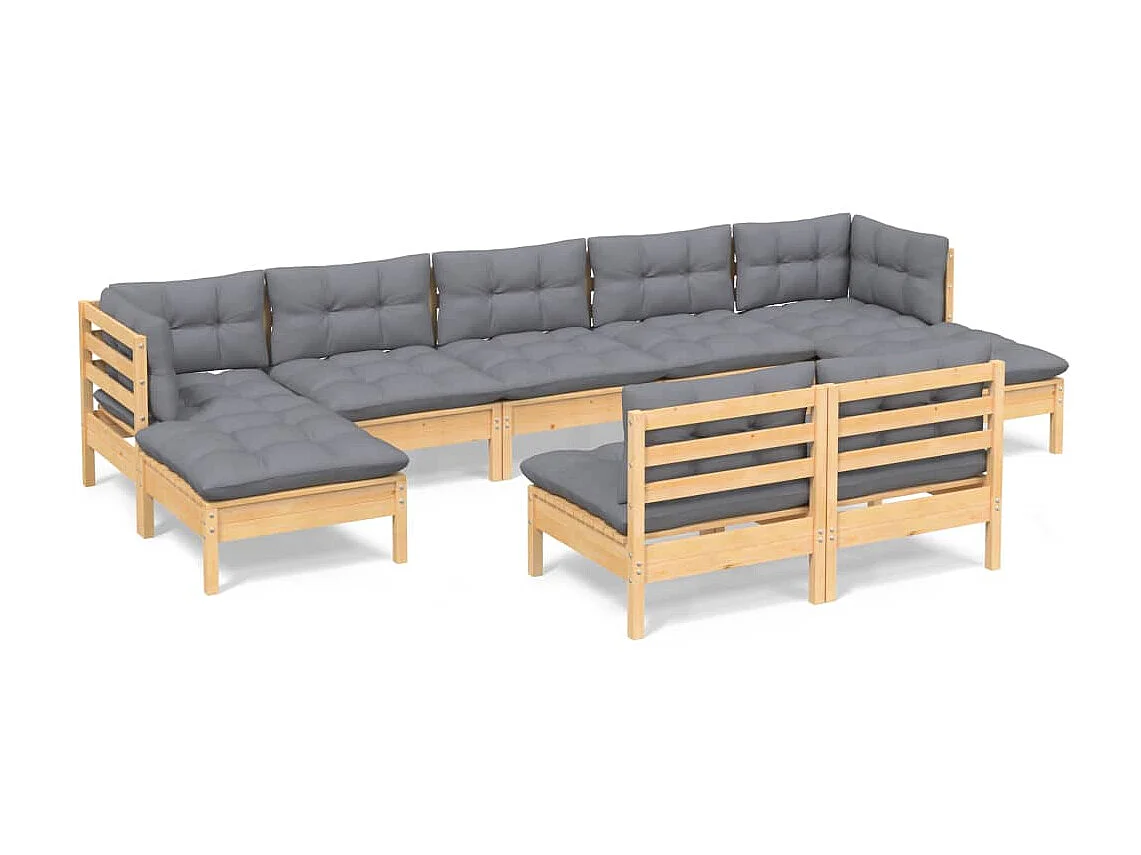 Juego de muebles de jardín 9 pzas y cojines madera pino gris