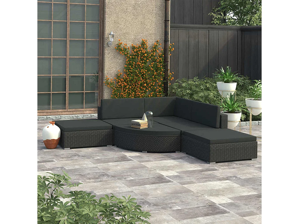 Salon de jardin 6 pcs avec coussins Résine tressée Noir 29