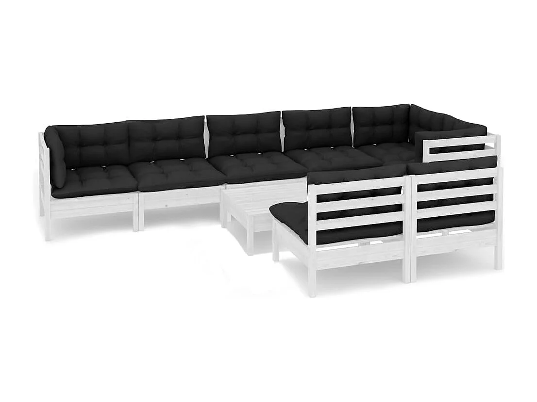 Salon de jardin 9 pcs avec coussins Blanc Bois de pin massif