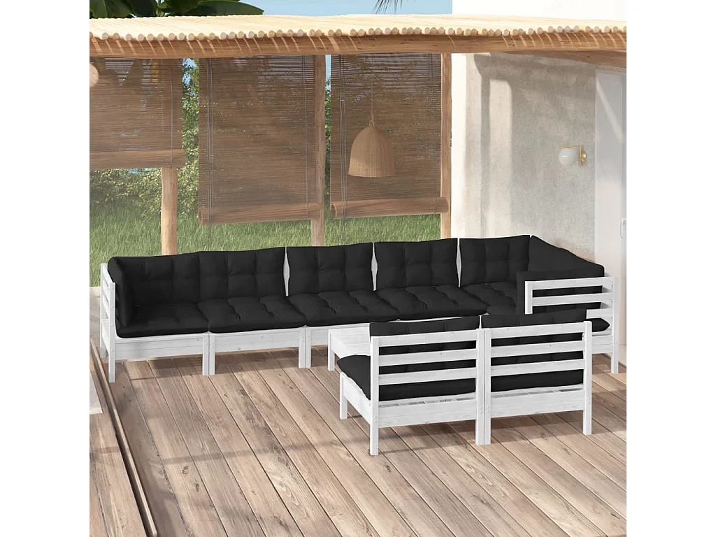 Salon de jardin 9 pcs avec coussins Blanc Bois de pin massif