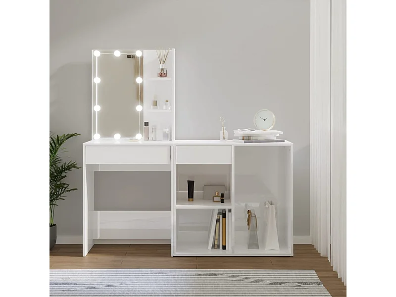 Coiffeuse à LED avec armoire Blanc brillant Bois d'ingénierie