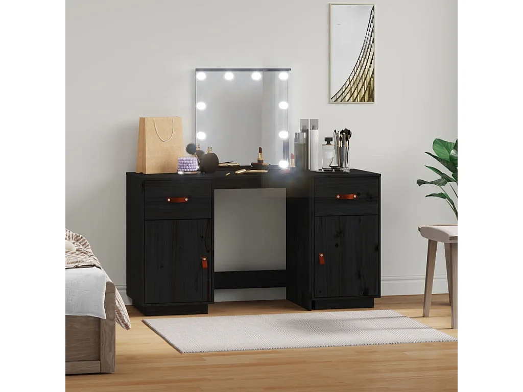 Ensemble de coiffeuse avec LED Noir Bois de pin solide