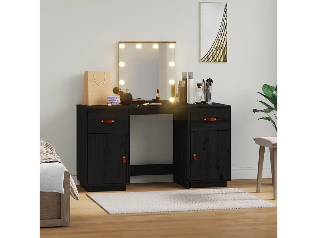 Ensemble de coiffeuse avec LED Noir Bois de pin solide