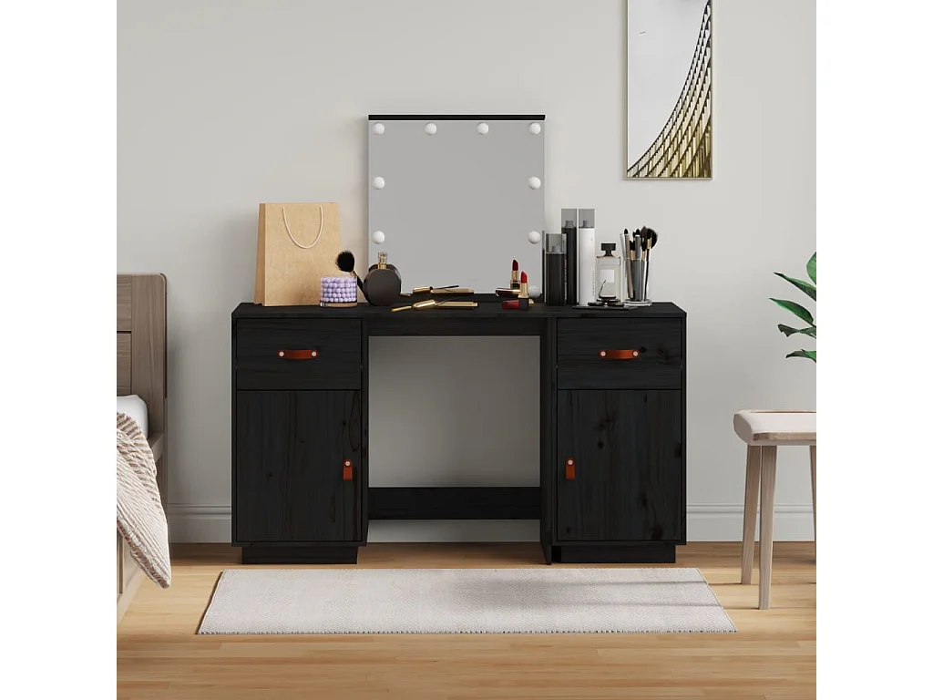 Ensemble de coiffeuse avec LED Noir Bois de pin solide