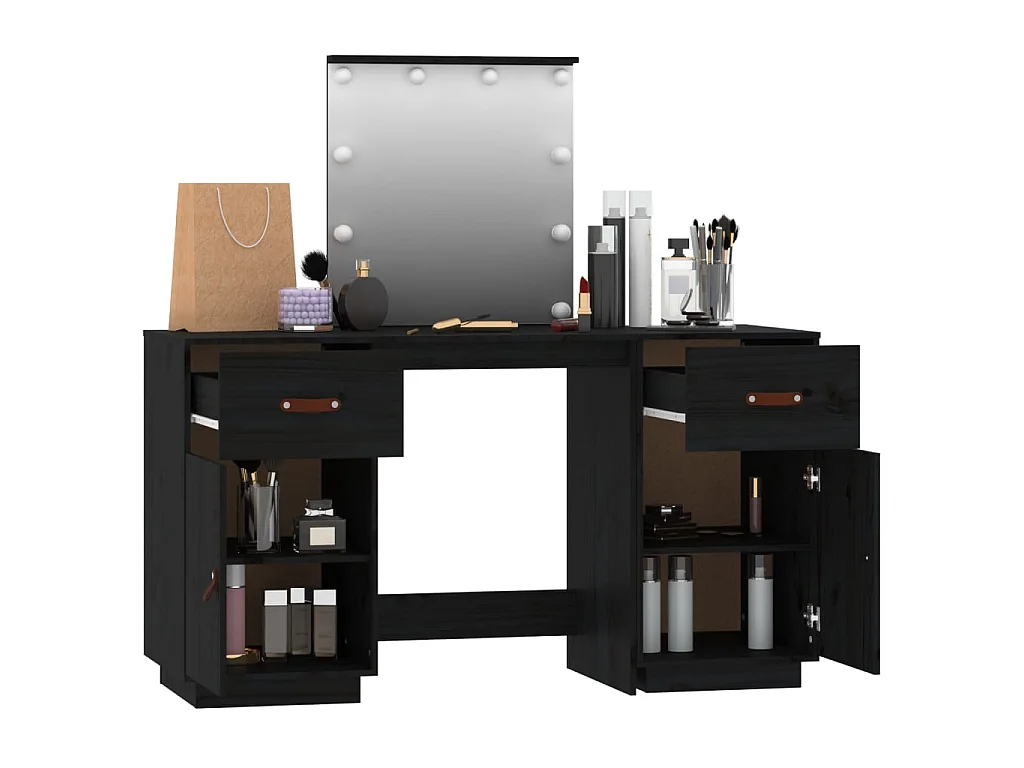 Ensemble de coiffeuse avec LED Noir Bois de pin solide