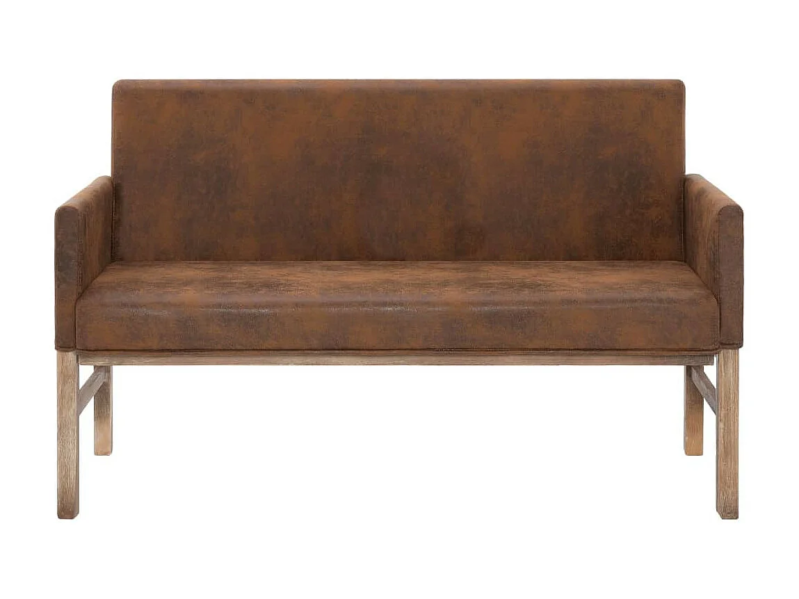 Banc avec accoudoirs vintage simili cuir marron vieilli et pieds pin massif Barielle 140cm