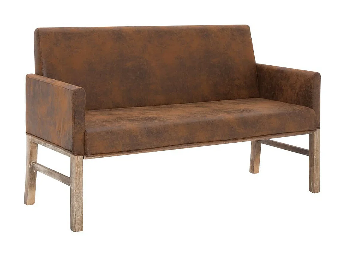 Banc avec accoudoirs vintage simili cuir marron vieilli et pieds pin massif Barielle 140cm