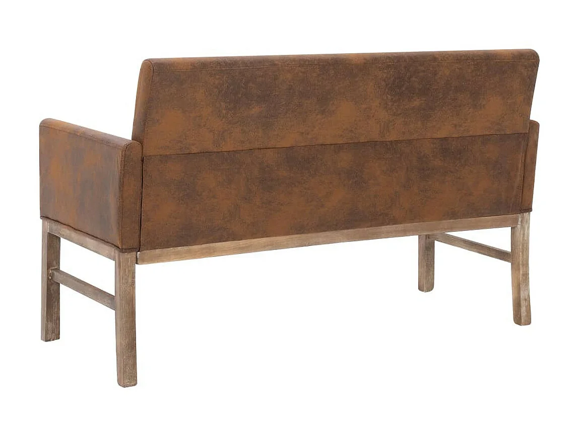 Banc avec accoudoirs vintage simili cuir marron vieilli et pieds pin massif Barielle 140cm