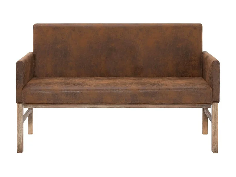 Banc avec accoudoirs vintage simili cuir marron vieilli et pieds pin massif Barielle 140cm