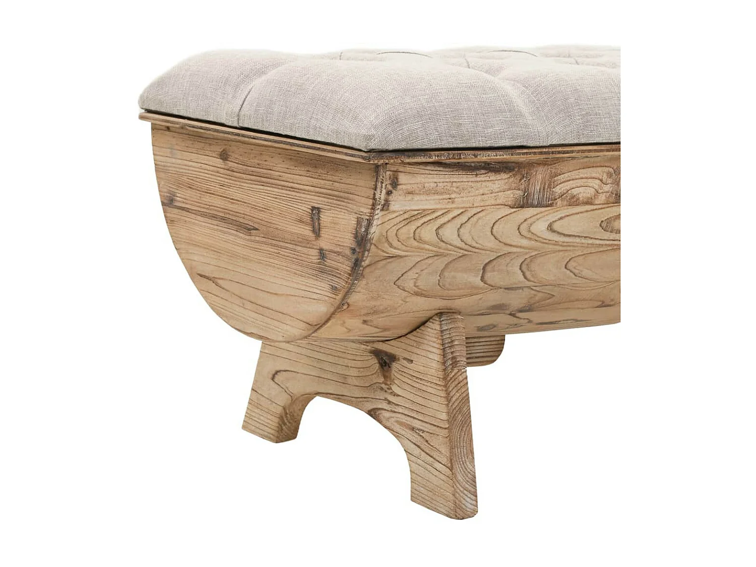 Banc avec rangement en forme de tonneau bois de sapin et tissu crème Vinto
