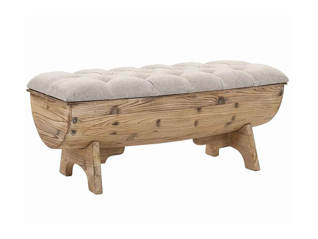Banc avec rangement en forme de tonneau bois de sapin et tissu crème Vinto