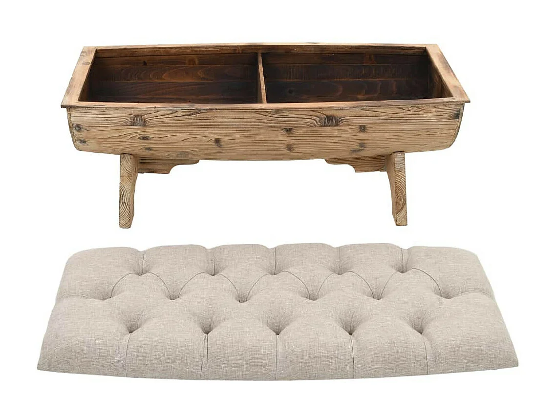 Banc avec rangement en forme de tonneau bois de sapin et tissu crème Vinto