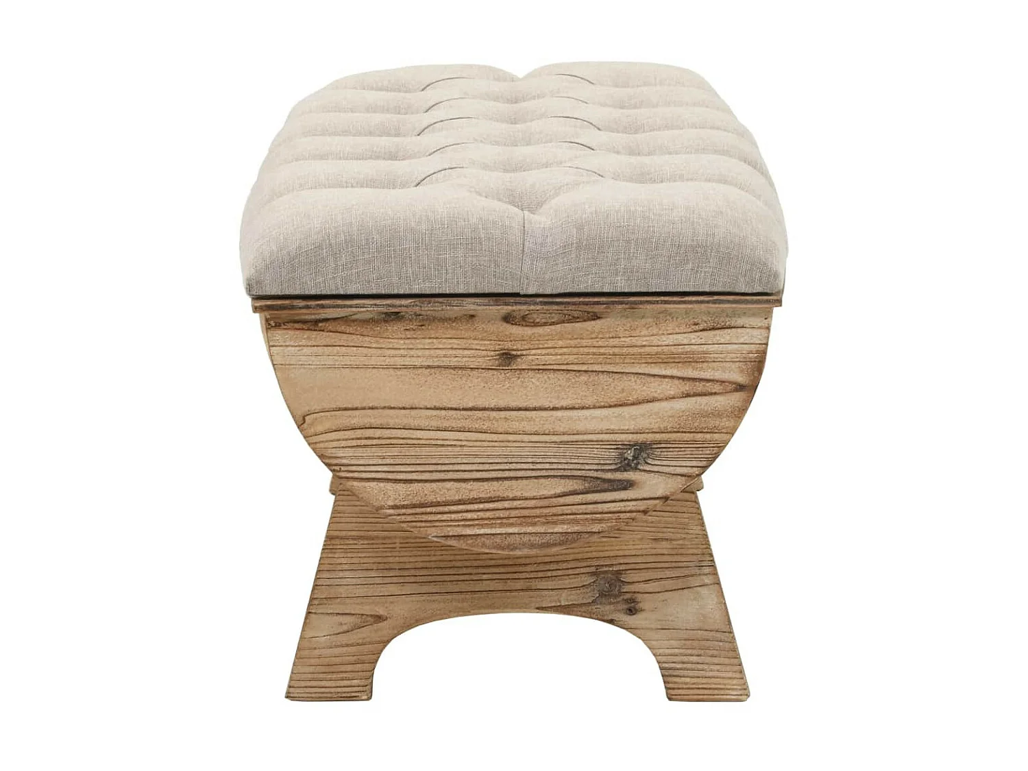 Banc avec rangement en forme de tonneau bois de sapin et tissu crème Vinto