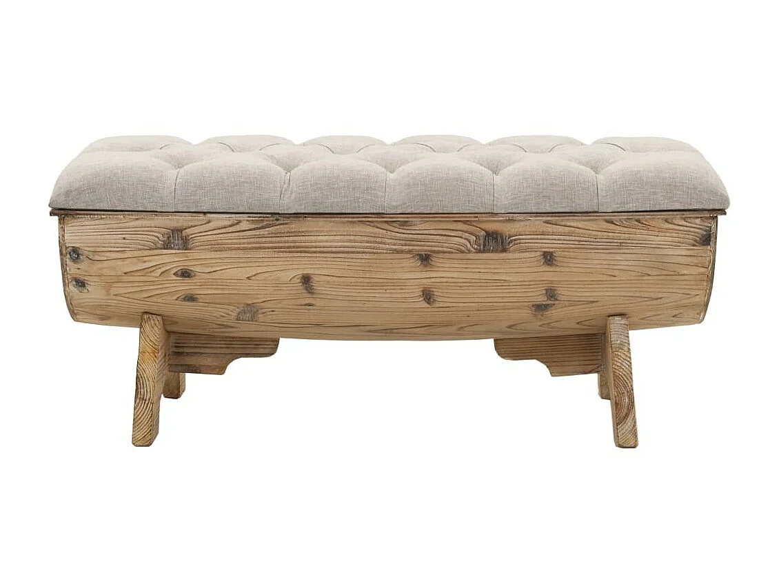 Banc avec rangement en forme de tonneau bois de sapin et tissu crème Vinto