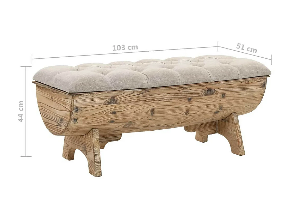 Banc avec rangement en forme de tonneau bois de sapin et tissu crème Vinto