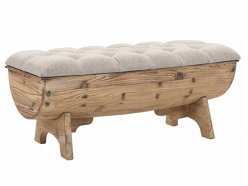 Banc avec rangement en forme de tonneau bois de sapin et tissu crème Vinto