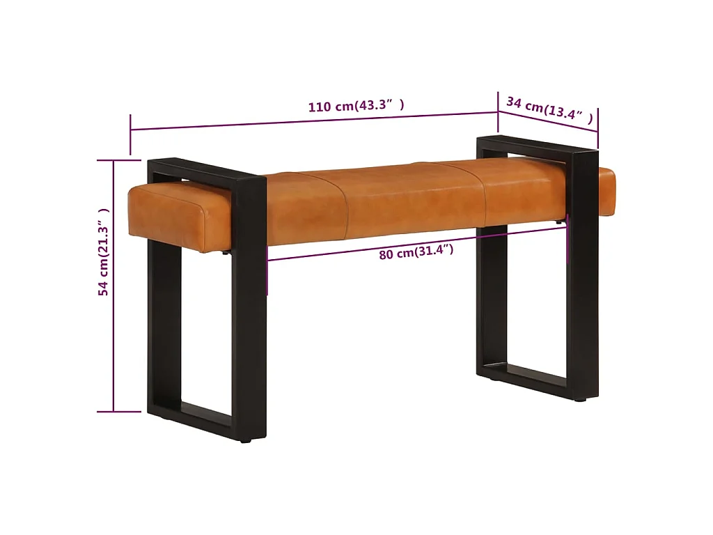 Banc Noir et marron 110cm Cuir de chèvre véritable