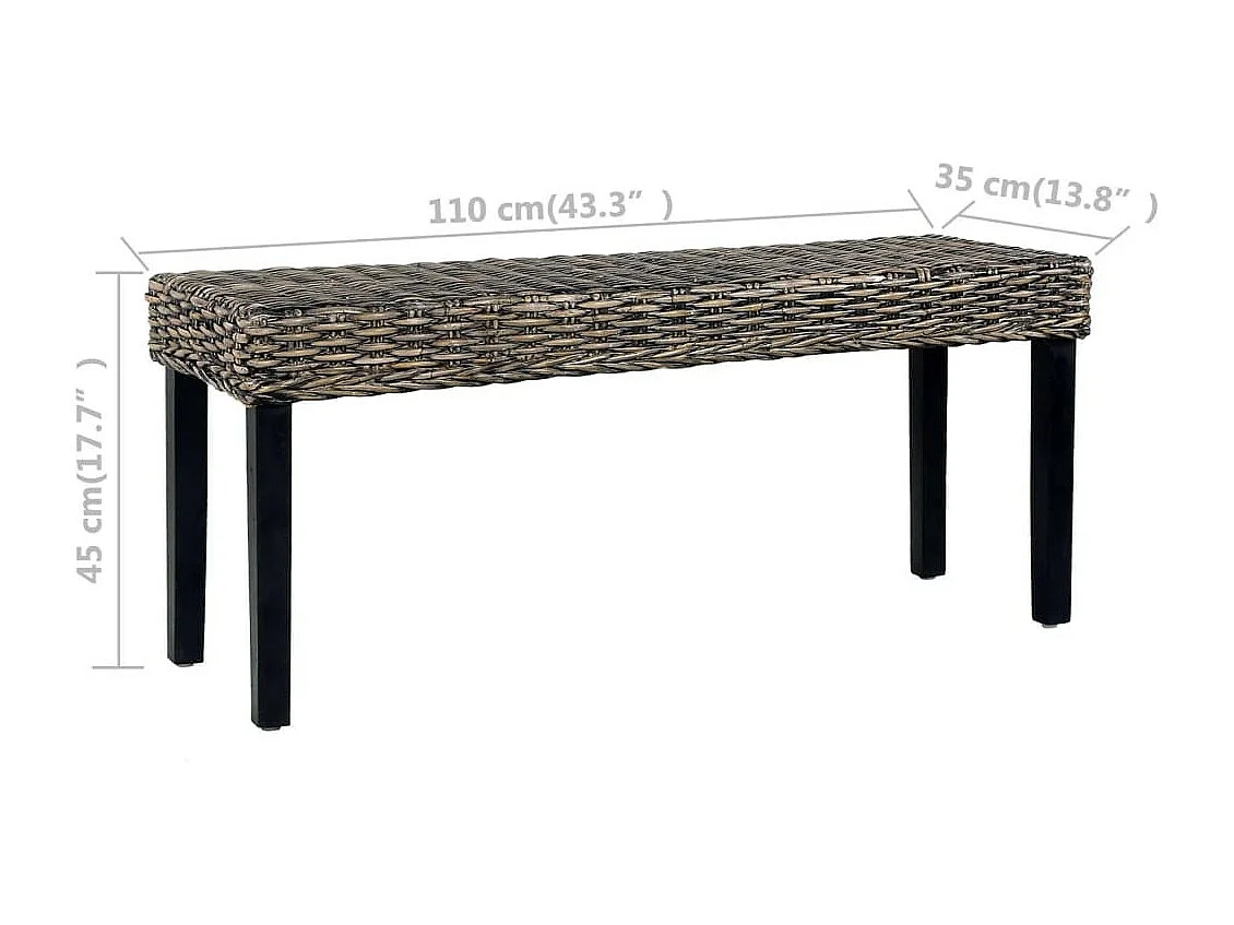 Banc 110cm Noir Rotin naturel kubu et bois de manguier massif