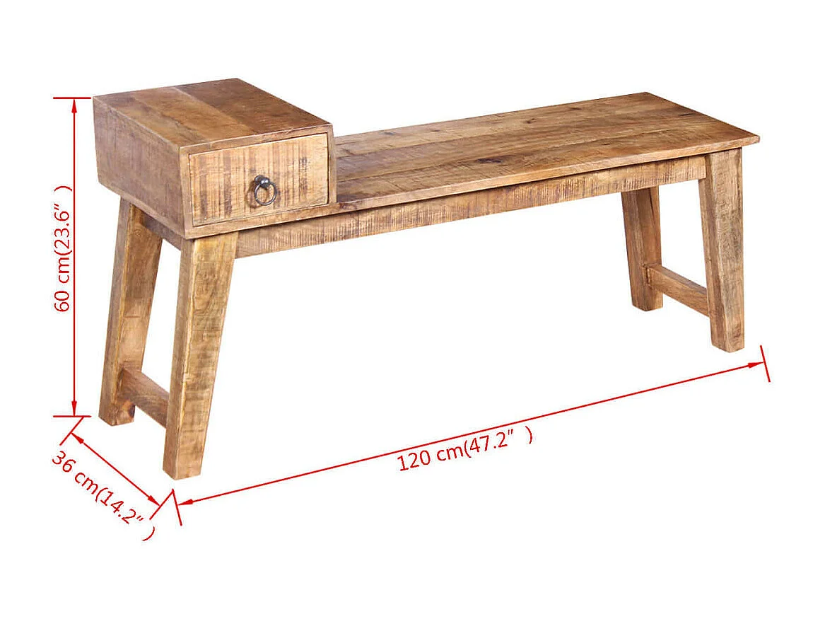 Banc avec tiroir Bois de manguier massif 120 x 36x60