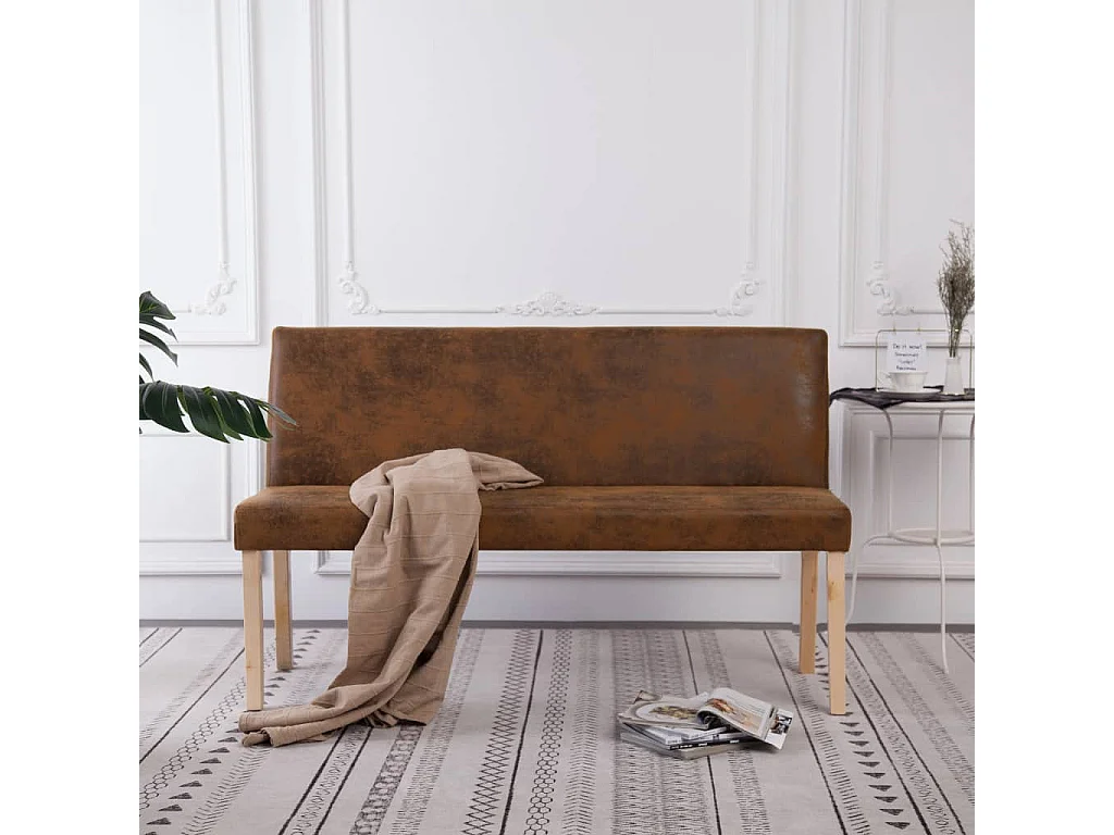 Banc vintage simili cuir marron vieilli et pieds pin massif Barielle 140cm