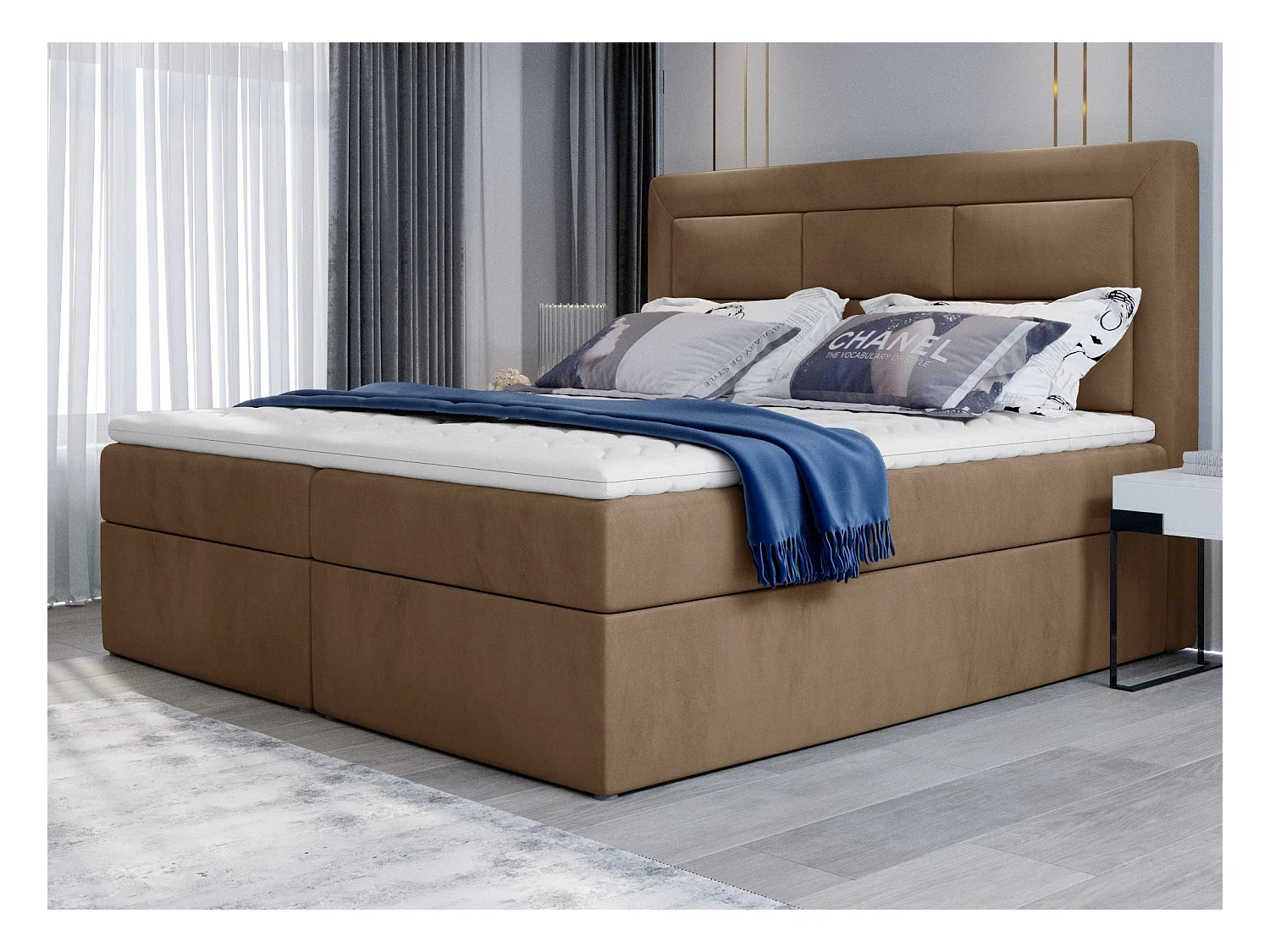 Lit continental velours marron clair Balore-Couchage 140x200 cm