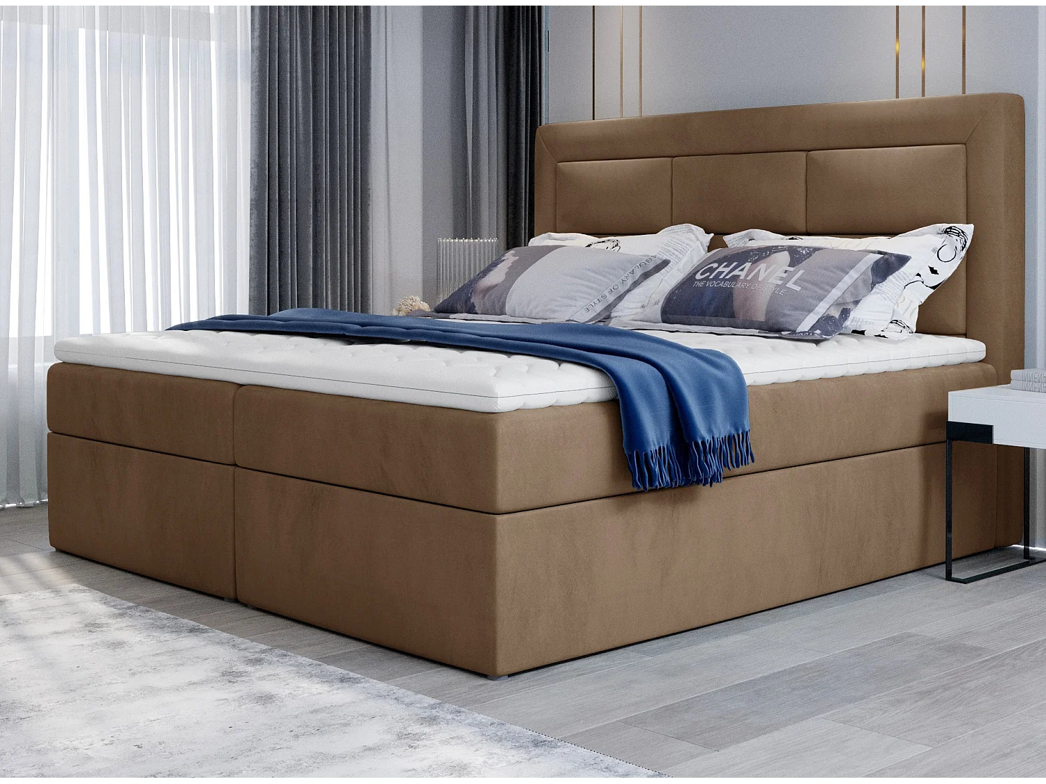 Lit continental velours marron clair Balore-Couchage 140x200 cm