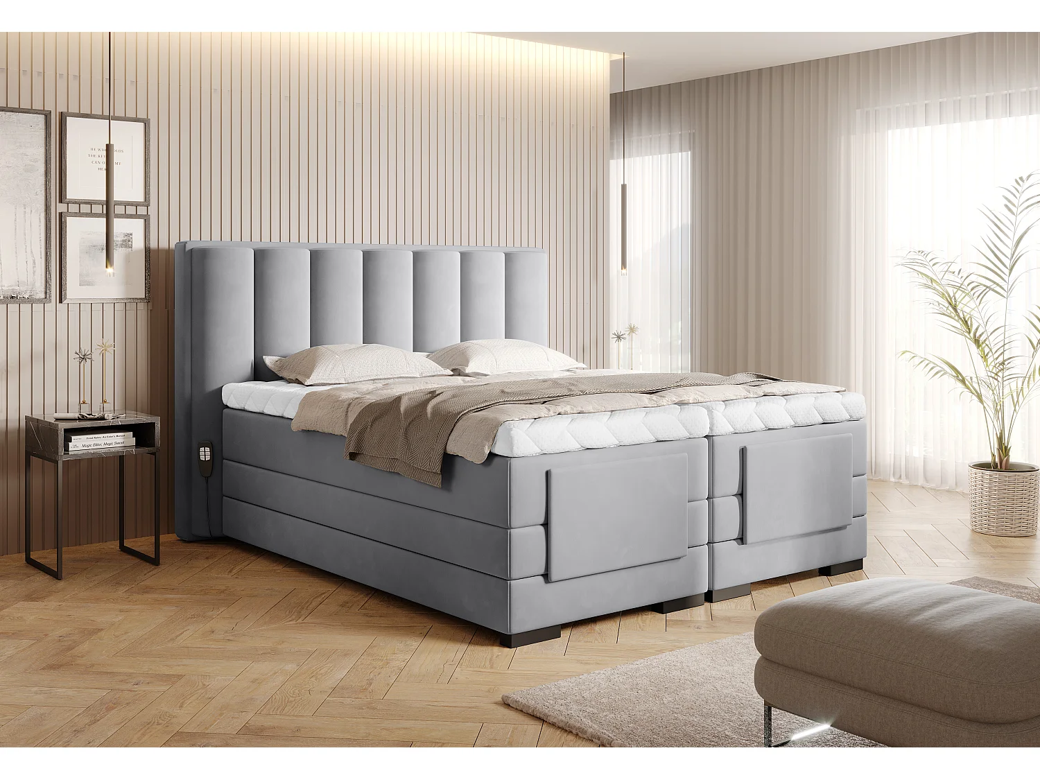 Lit boxspring électrique velours gris souris avec matelas et surmatelas Arkos-140x200