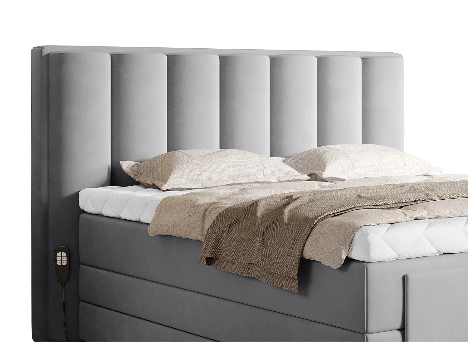 Lit boxspring électrique velours gris souris avec matelas et surmatelas Arkos-140x200
