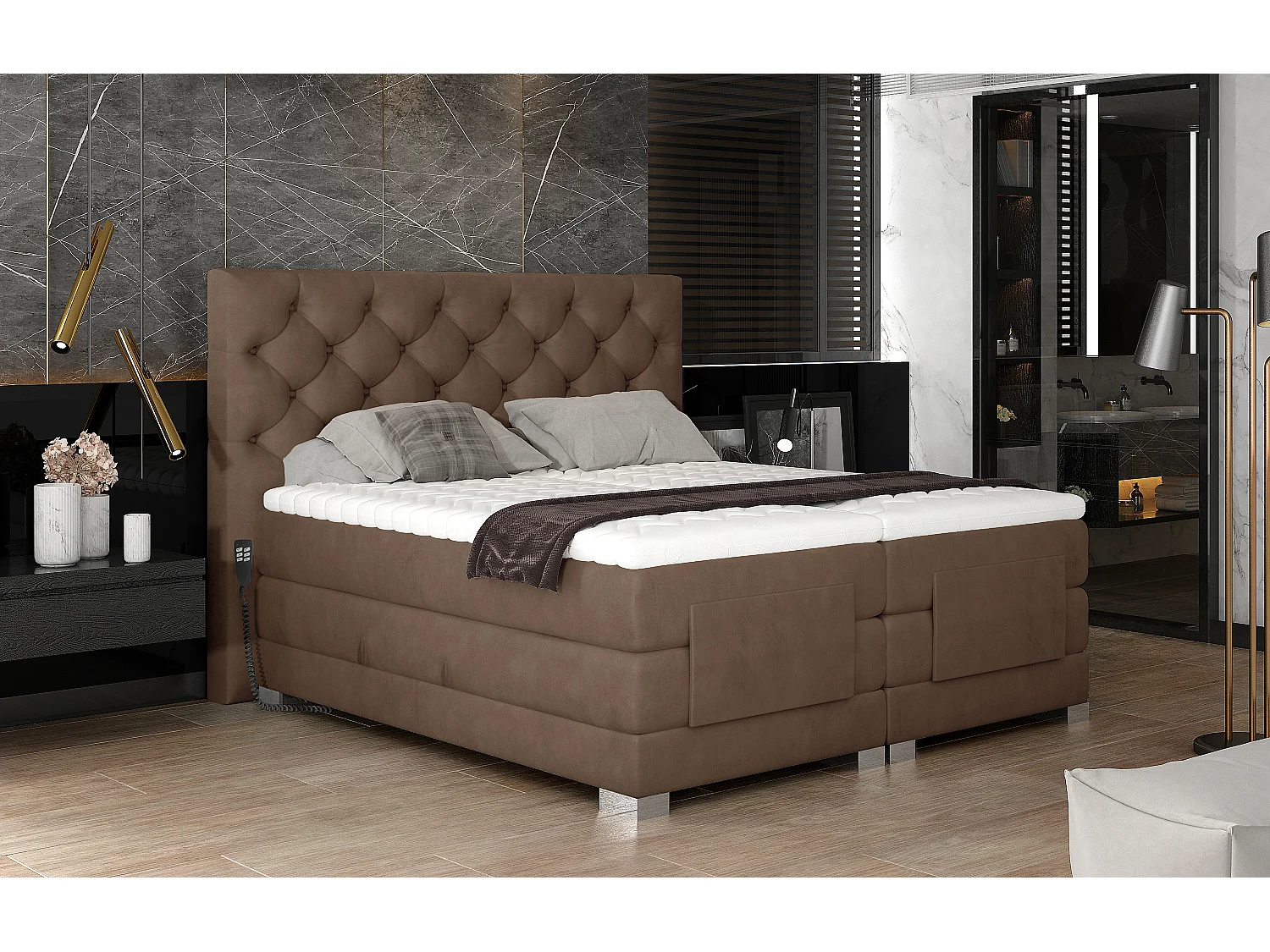 Lit continental électrique velours marron clair avec matelas et surmatelas Karmen-180x200