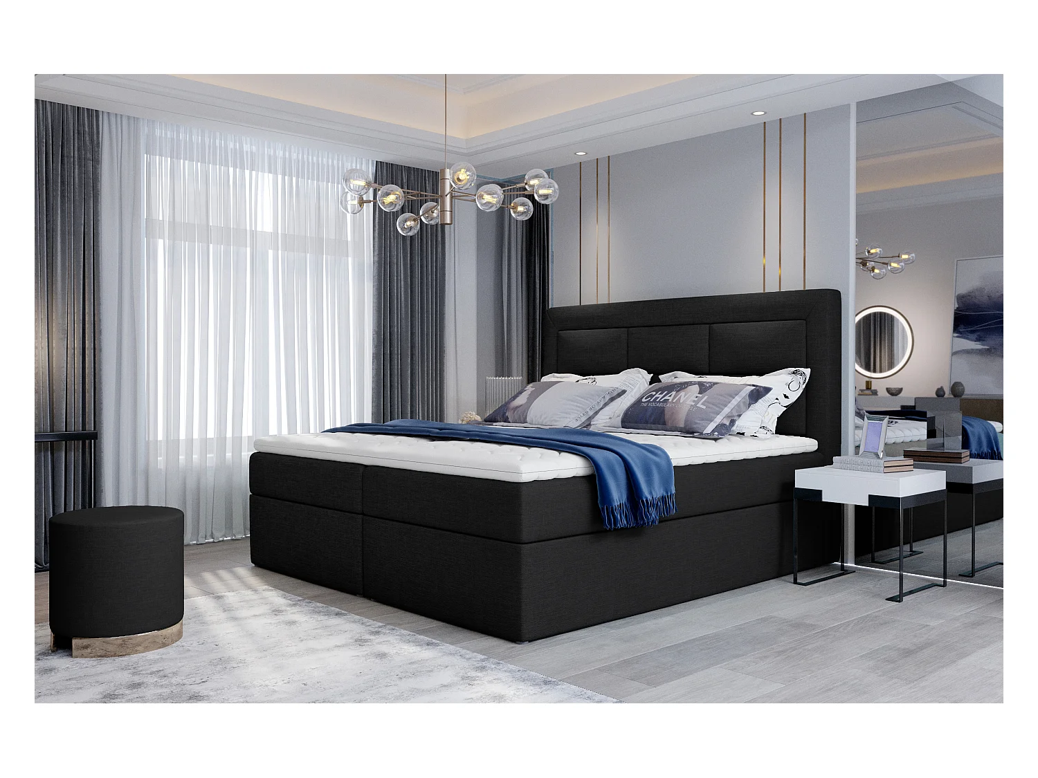 Lit continental tissu noir Balore-Couchage 140x200 cm