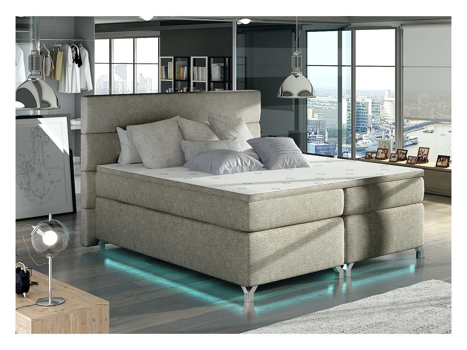 Lit boxspring 140x200 tissu beige Mador