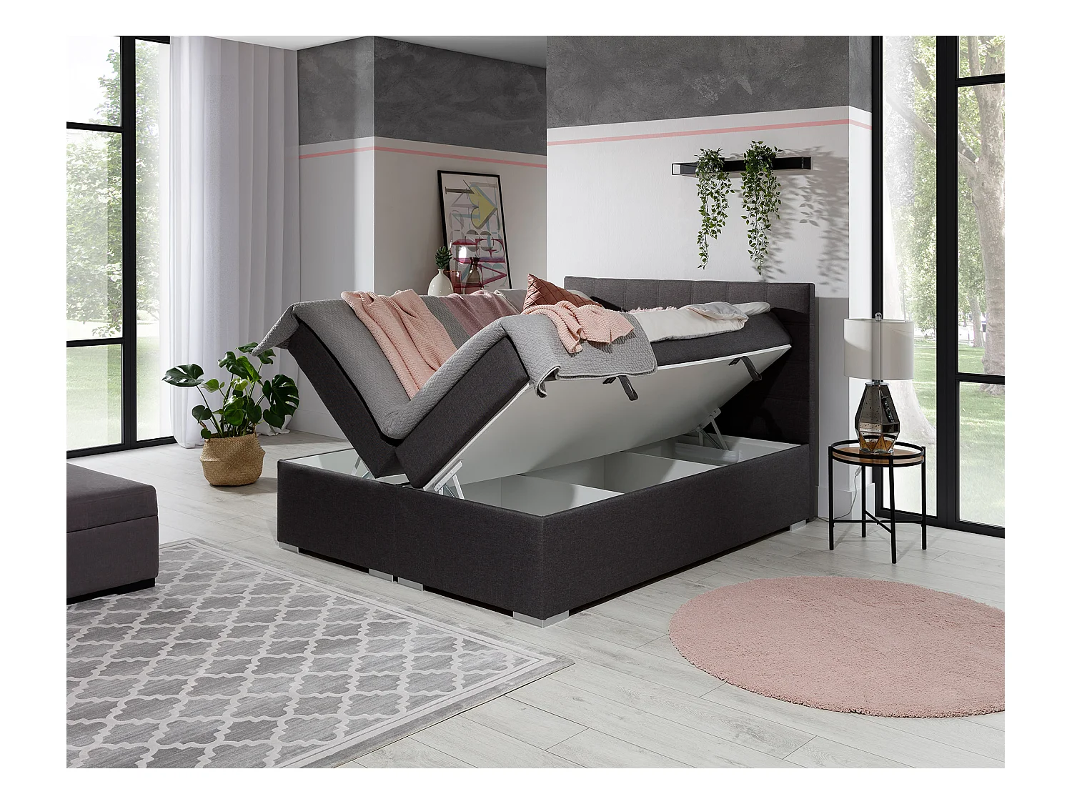 Lit chambre d'hôtel avec matelas tissu noir Alko-140x200